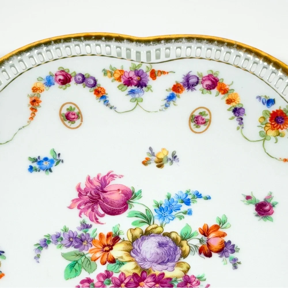 Schumann Bavaria Reticulated Plate Germany Dresden Flowers Pierced Porcelain 10”